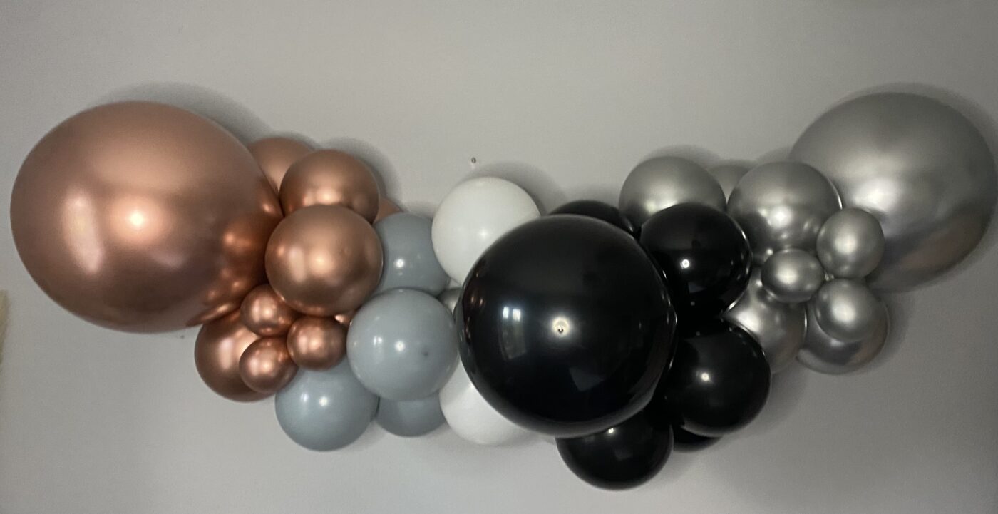 rose gold, grey, white,black balloon garland